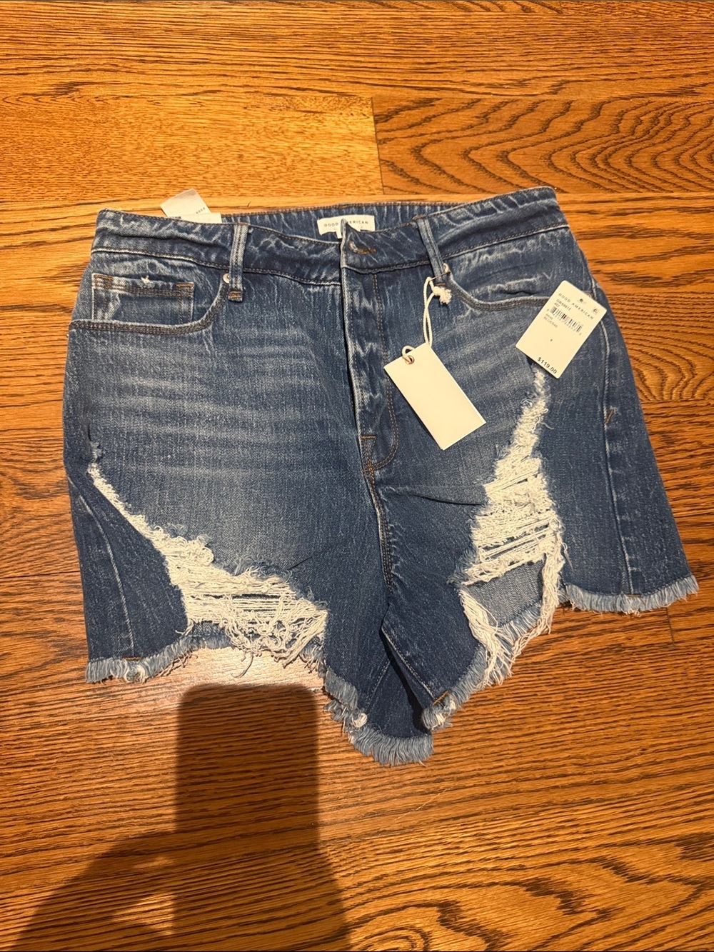 Good American Ripped Dark Blue Denim Cutoff Shorts